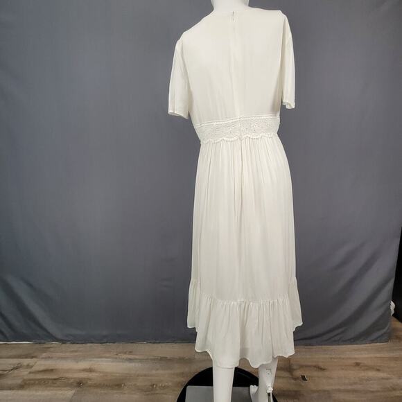 Vanilla Bay Cream Midi Dress Large Empire Waist Lace Trim Cottagecore - Picture 4 of 7